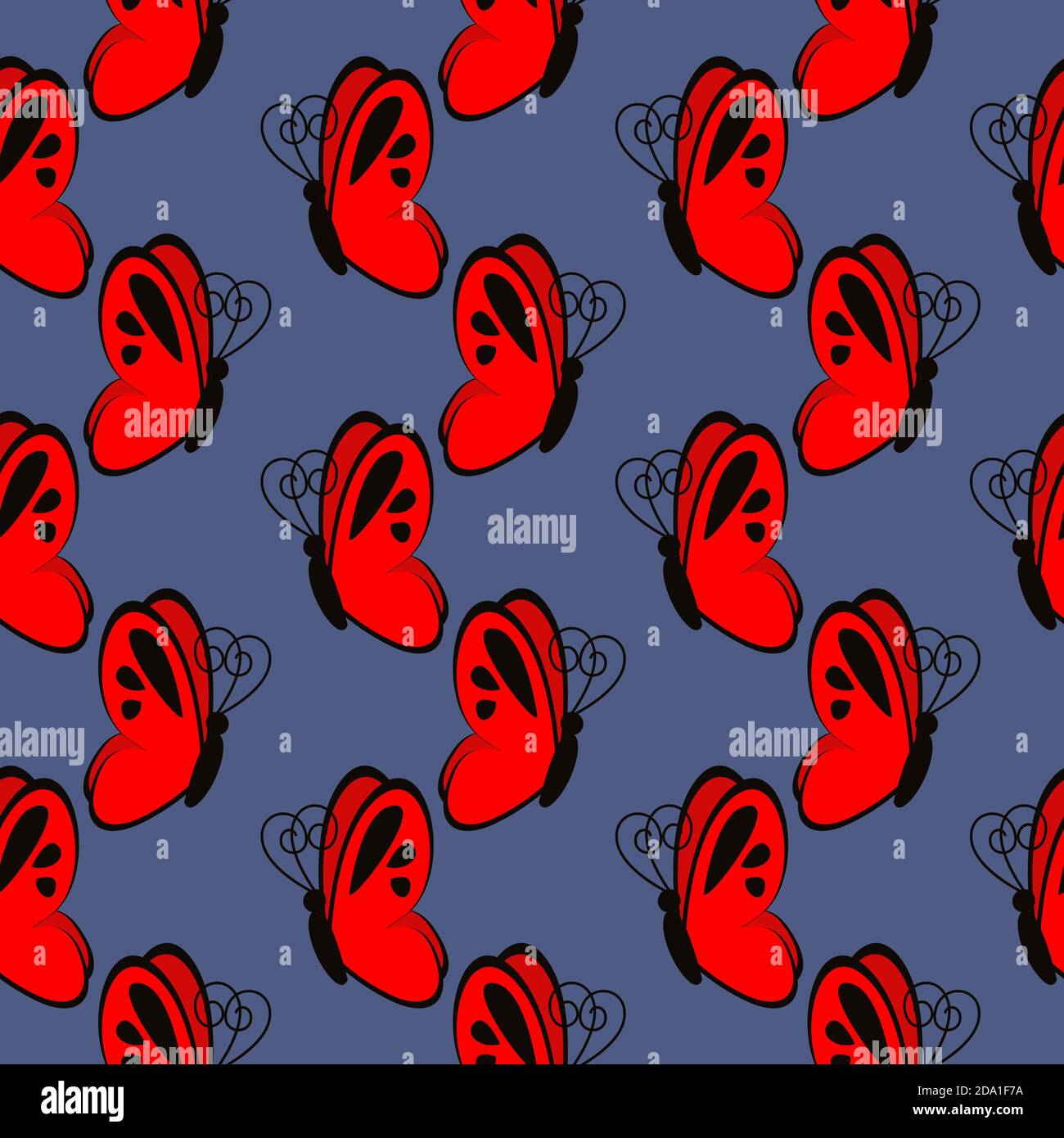 Farfalla rossa , motivo senza cuciture su sfondo blu scuro. Illustrazione Vettoriale
