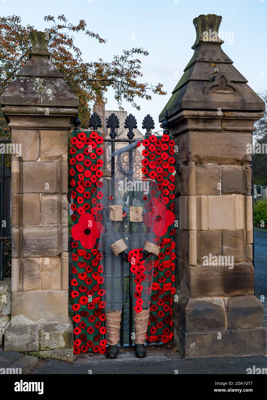 Mostra di papavero sul cancello per Scottish Poppy Appeal Remembrance Day, St Mary's Parish Church, Haddington, East Lothian, Scotland, UK Foto Stock