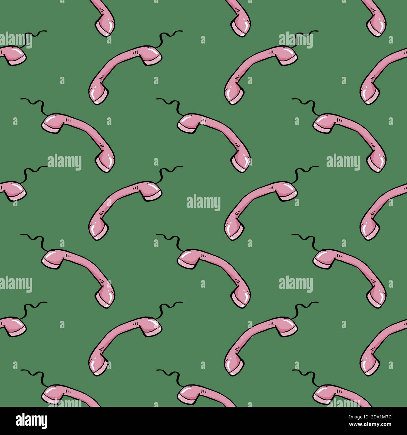 Telefono con fili rosa , motivo senza cuciture su sfondo verde. Illustrazione Vettoriale