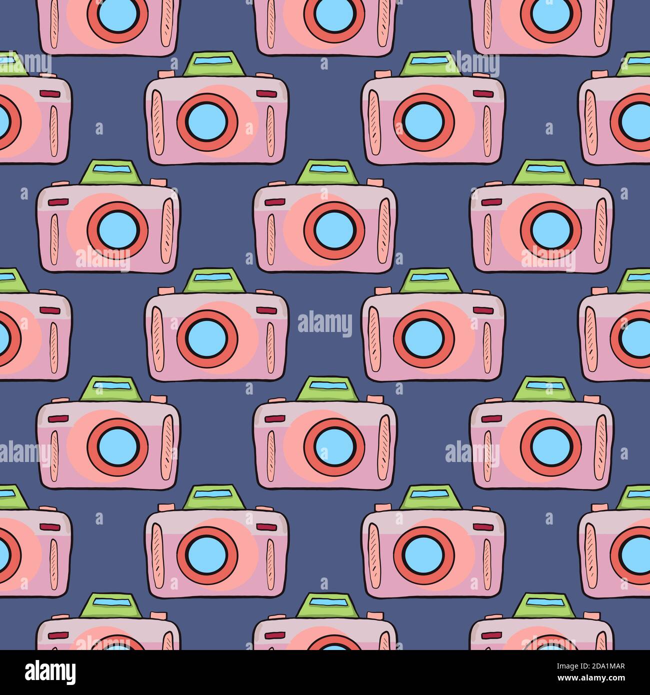 Fotocamera rosa , motivo senza cuciture su sfondo blu. Illustrazione Vettoriale