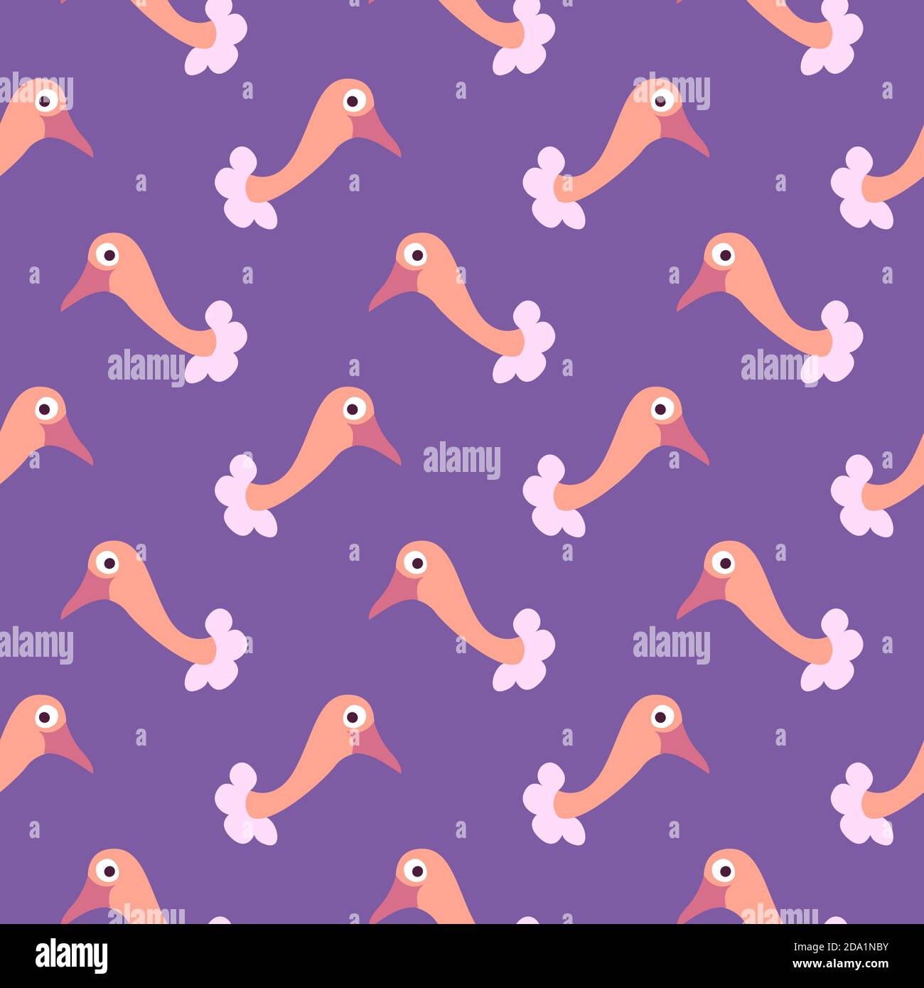 Testa di struzzo del bambino , motivo senza cuciture su uno sfondo viola. Illustrazione Vettoriale
