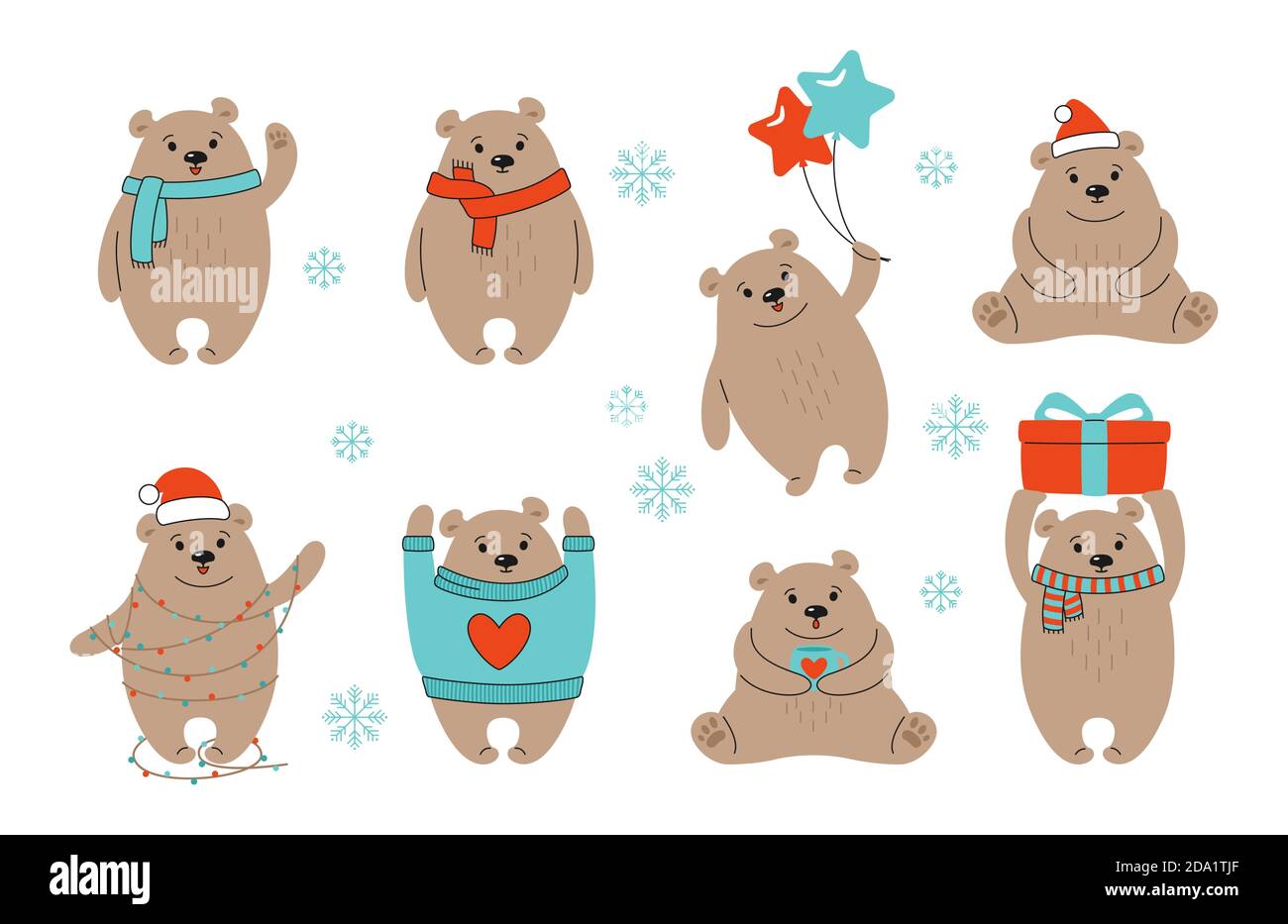 Set di cartoni animati con orso bruno di Natale. Orsacchiotti a mano con  simpatici vetrioli con cappello rosso, regalo, palle o ghirlanda. Mammiferi  animali di Capodanno in diverse posizioni. Divertente celebrare doodle