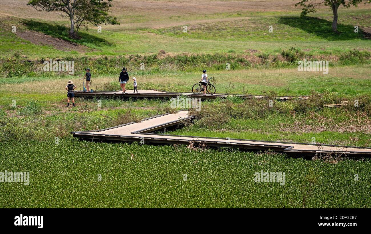 Mackay, Queensland, Australia: 3 novembre 2019: Una famiglia di adulti e bambini che si divertono sul lungomare tra il giacinto al Botanic Foto Stock