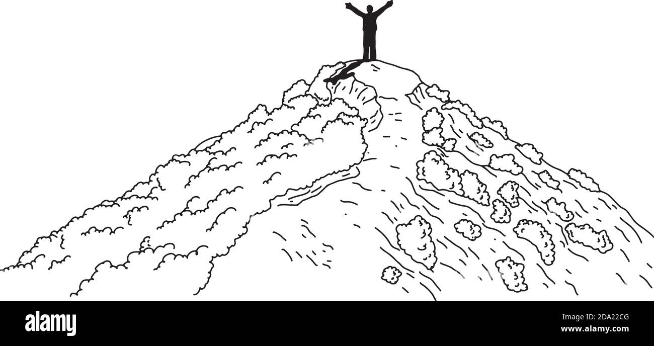 silhouette di mano dell'uomo in cima alla montagna illustrazione vettoriale schizzo doodle mano disegnata con linee nere isolate su sfondo bianco Illustrazione Vettoriale