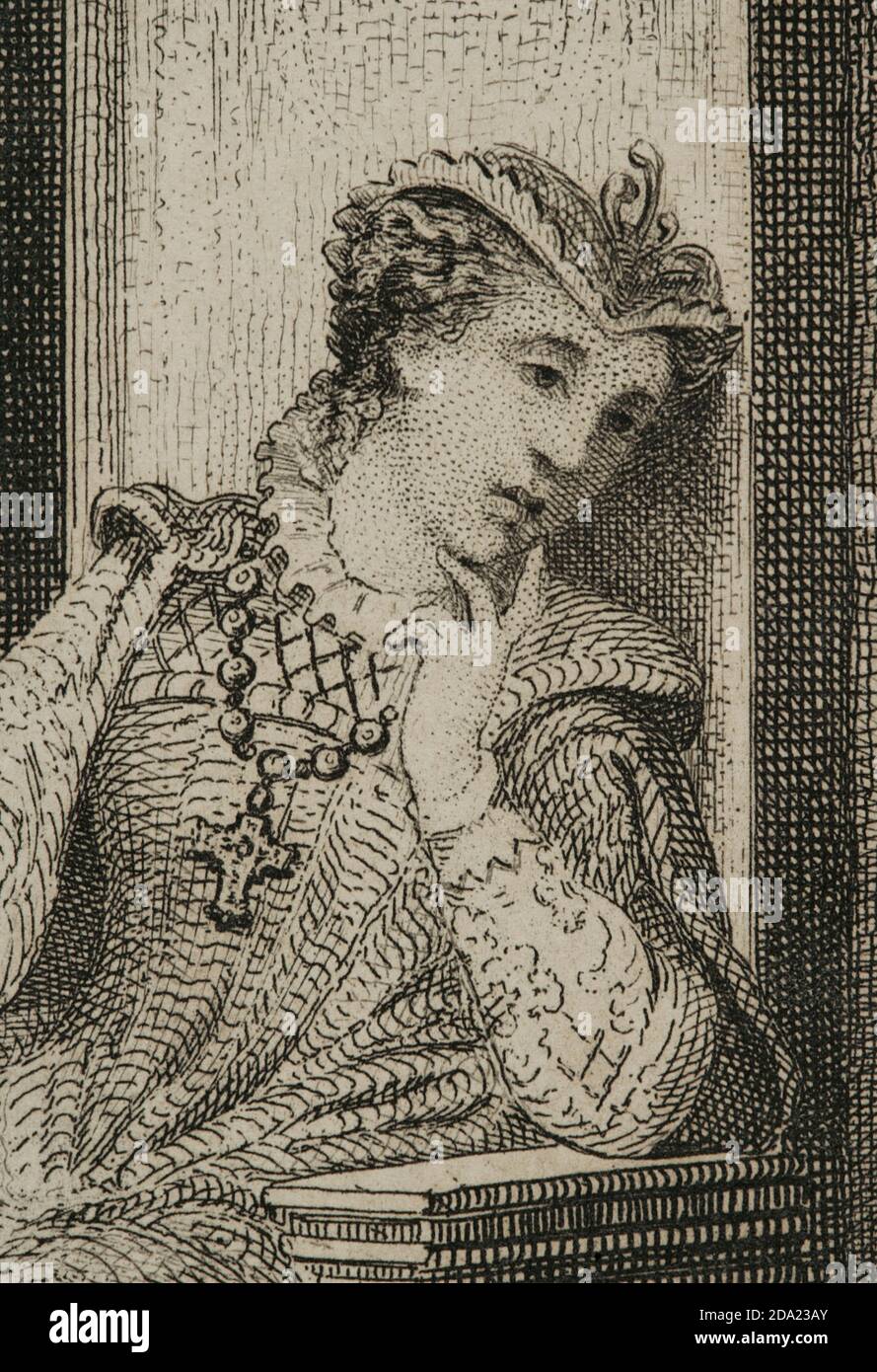 Maria Estuardo. Maria i de Escocia (1542-1587). Reina de Escocia (1542-1567). Tras su matrimonio con Francisco II de Francia, ocupó a lado el trono de Francia (1559). Estuvo dieciocho años prisionera y fué condenada a muerte por conspirar contra la vida de la reina de Inglaterra. En febrero de 1587 la reina Isabel i de Inglaterra ordenó decapitar a María Estuardo, muriendo como una mártir católica. Ritrato. De un grabado en la que la reina escucha la música interpretada por David Rizzzio (1533-1566), cortesano english secretario privado de María Estuardo. Por J. fu Foto Stock