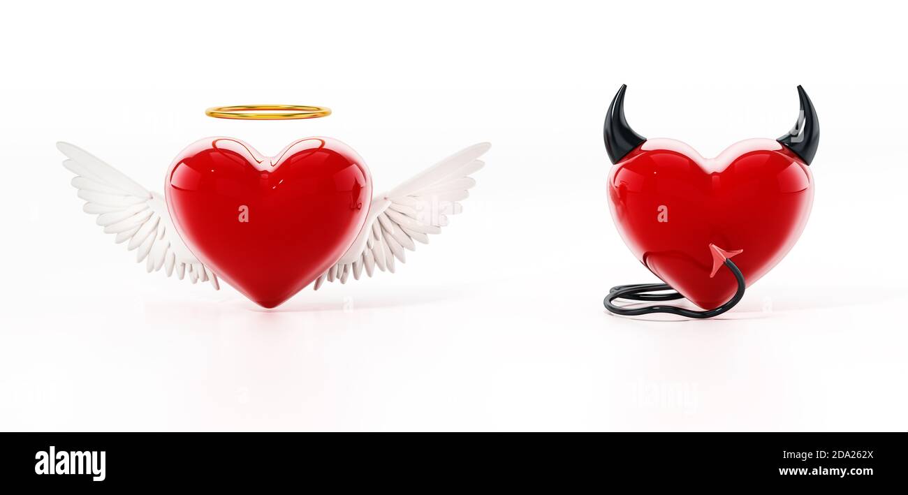 Angel e il male cuori isolati su sfondo bianco. Illustrazione 3D. Foto Stock
