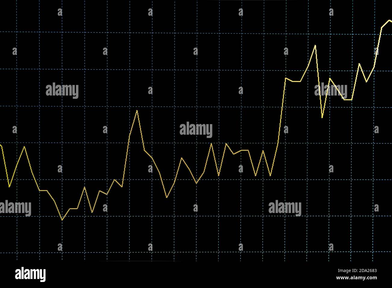Grafico a stock giallo a tendenza ascendente continuo o grafico e tabella Forex Linea su sfondo nero Foto Stock