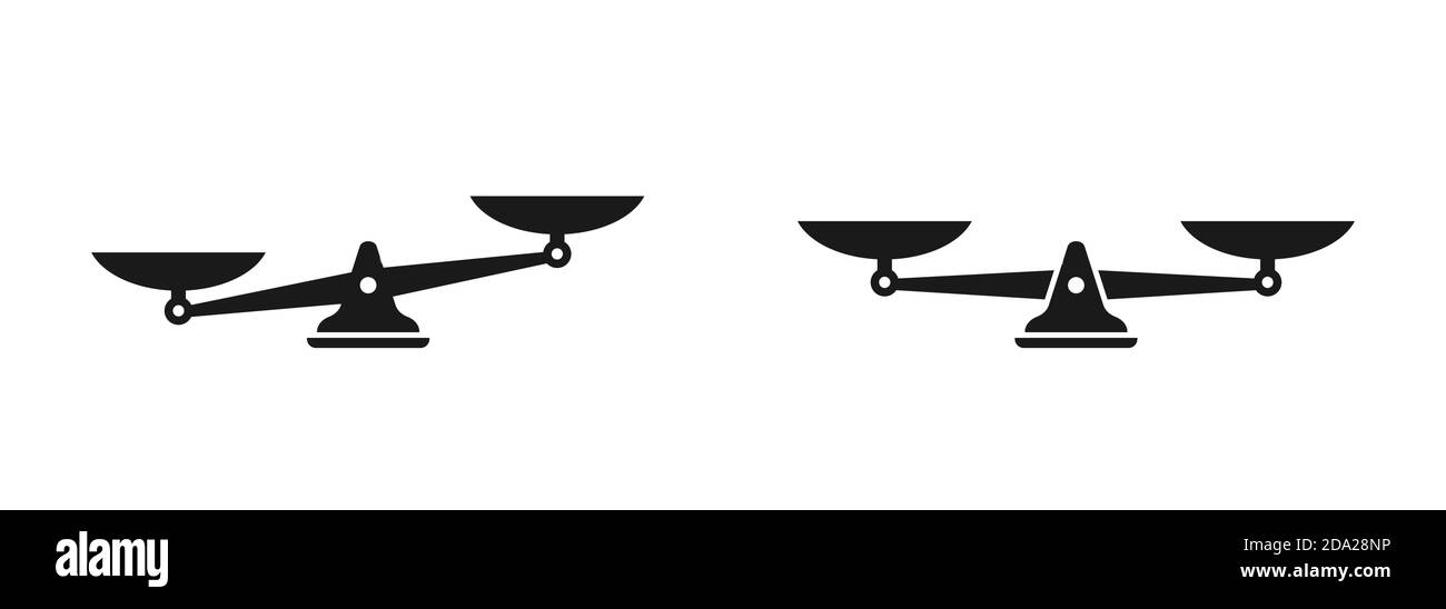 Icona di bilanciamento delle scale meccaniche nere isolata su bianco. Giustizia, scala giuridica. Illustrazione vettoriale. Equilibrio di valore, soluzione e razionalità. Pro e. Illustrazione Vettoriale