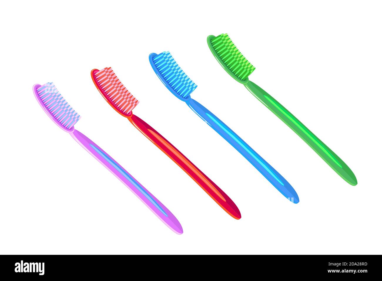 Set di spazzolino da denti in diversi colori isolati su sfondo bianco. Concetto dentale o stomatology, salute di cura, igiene sana. Illustrazione vettoriale Illustrazione Vettoriale