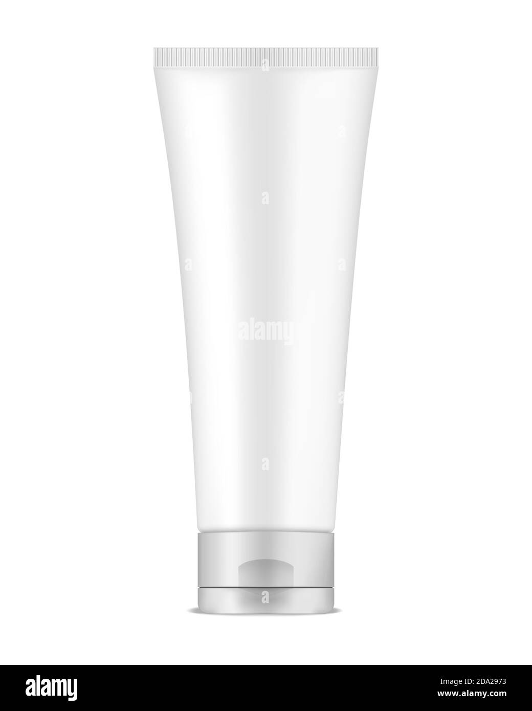 Confezione con tubo a pressione, mockup vettoriale. Contenitore in plastica flessibile bianco vuoto con tappo a vite con chiusura a scatto, dima Illustrazione Vettoriale