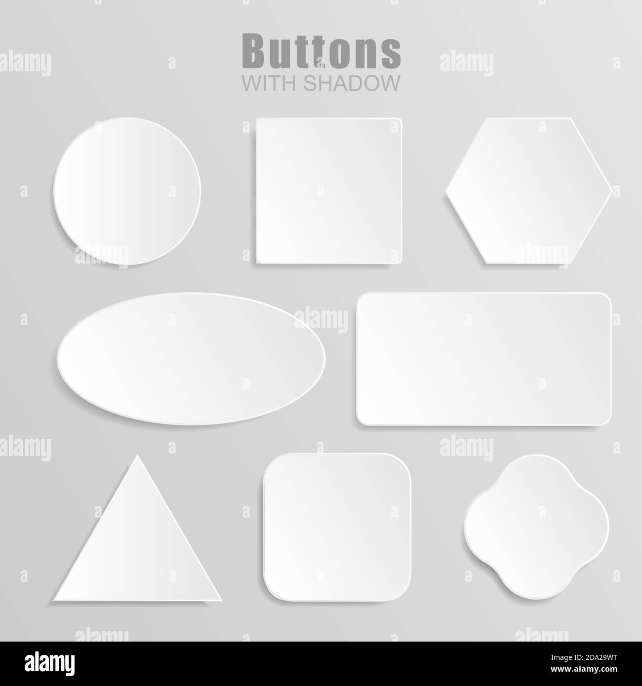 Set vettoriale bianco 3d a forma di quadrato vuoto e pulsante arrotondato. Banner rotondo con pulsanti, interfaccia badge per l'illustrazione dell'applicazione. Illustrazione Vettoriale