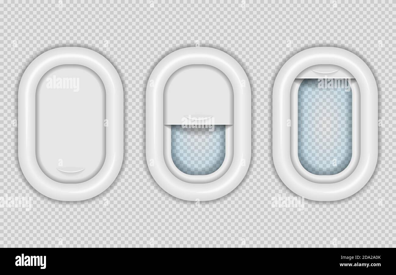 Portholes realistici dell'aeroplano. Tre oggetti vettoriali isolati. Finestra chiusa, aperta e chiusa per metà. Illustrazione Vettoriale