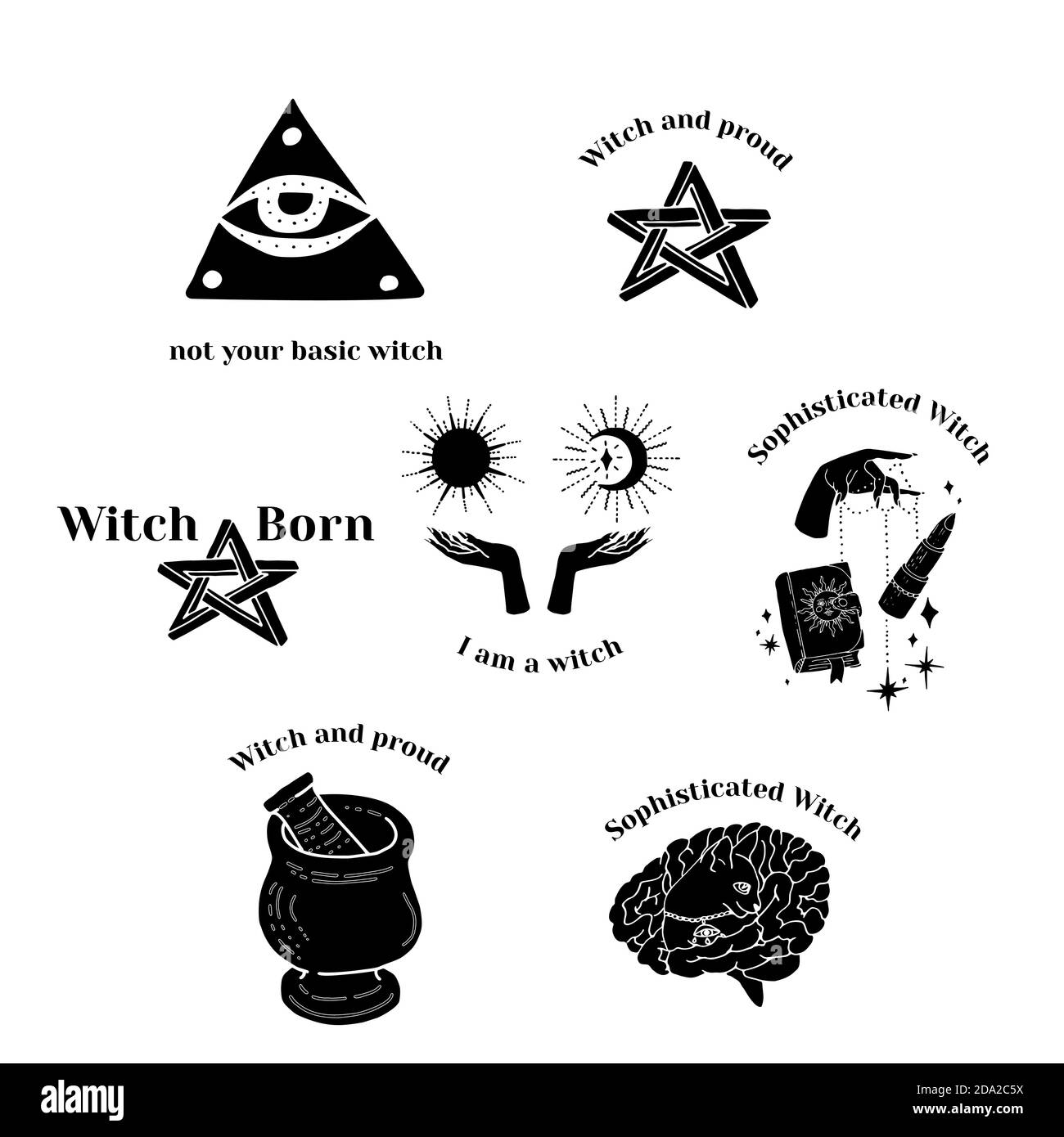 Set di silhouette nere stregoneria e oggetti e scene magiche. Illustrazione Vettoriale