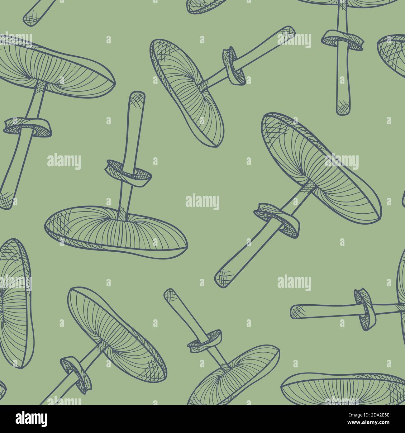 Parasol funghi verde ripetizione sfondo modello. Natura modello, linea di funghi arte. Illustrazione botanica, modello di foresta. Illustrazione Vettoriale