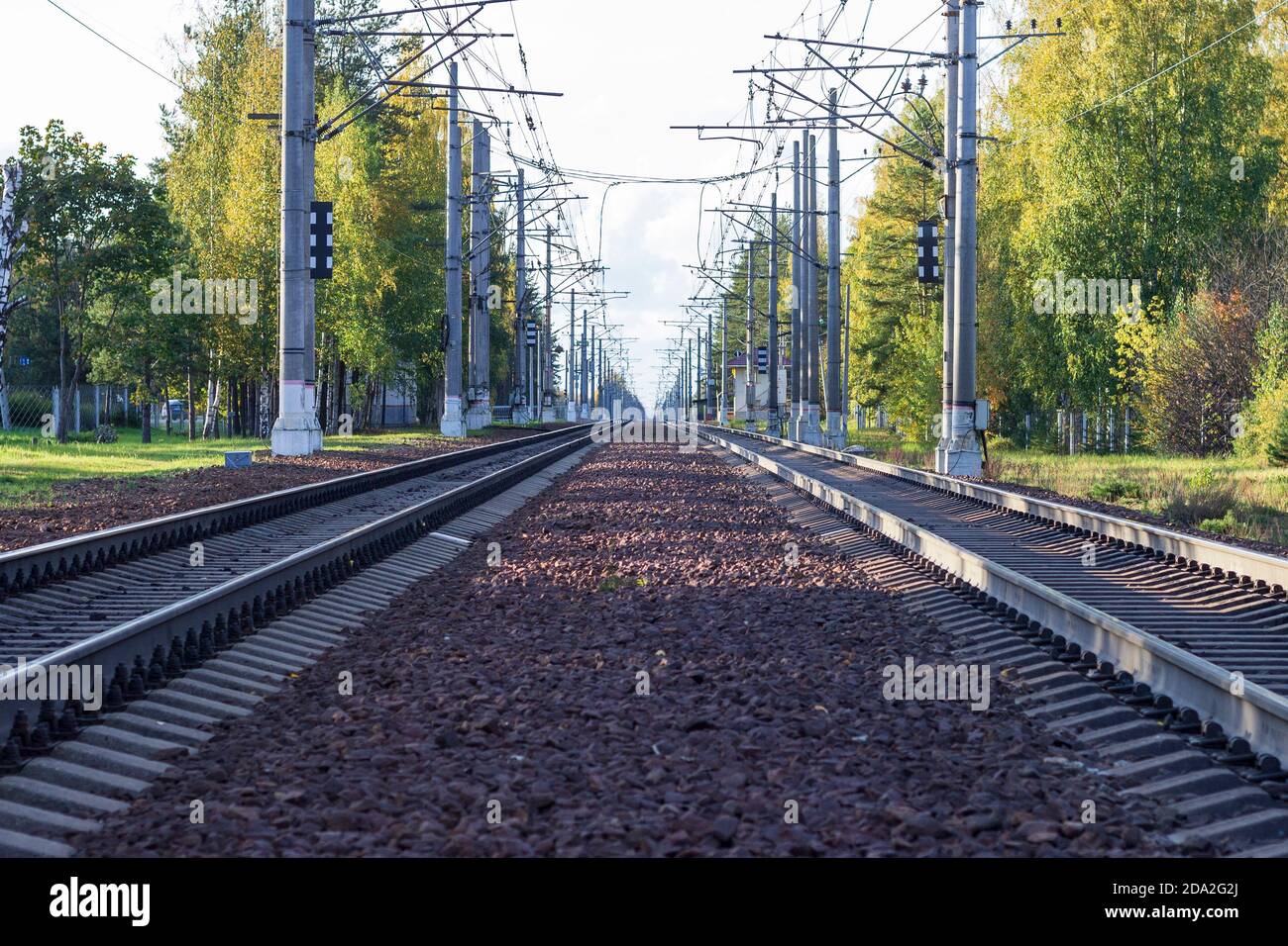 Binari ferroviari con traversine in cemento che si estendono oltre l'orizzonte. Foto Stock