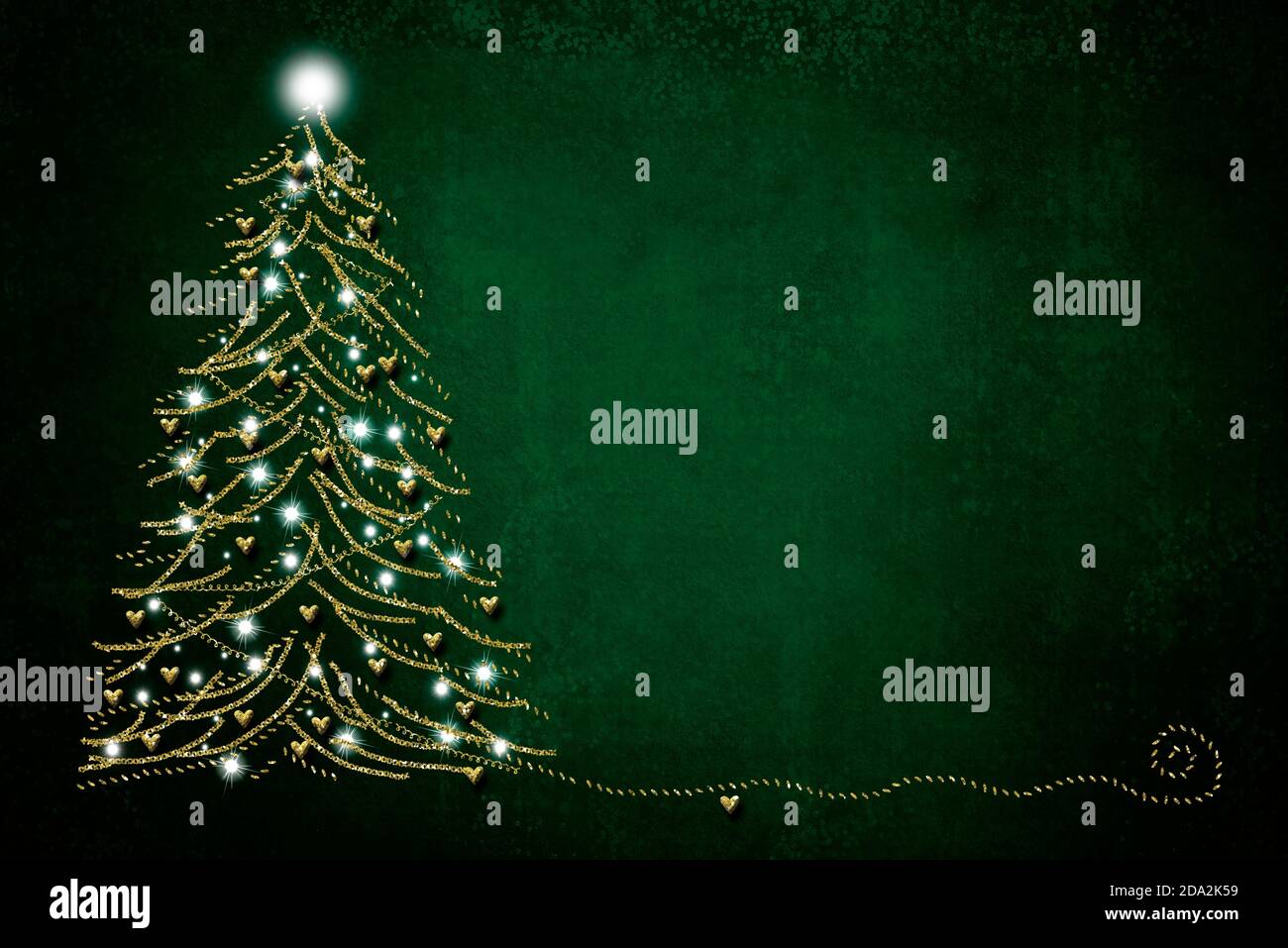 Biglietti d'auguri natalizi, disegno astratto a mano libera di abeti e cuori d'oro, sfondo di carta verde scuro con spazio di copia. Foto Stock