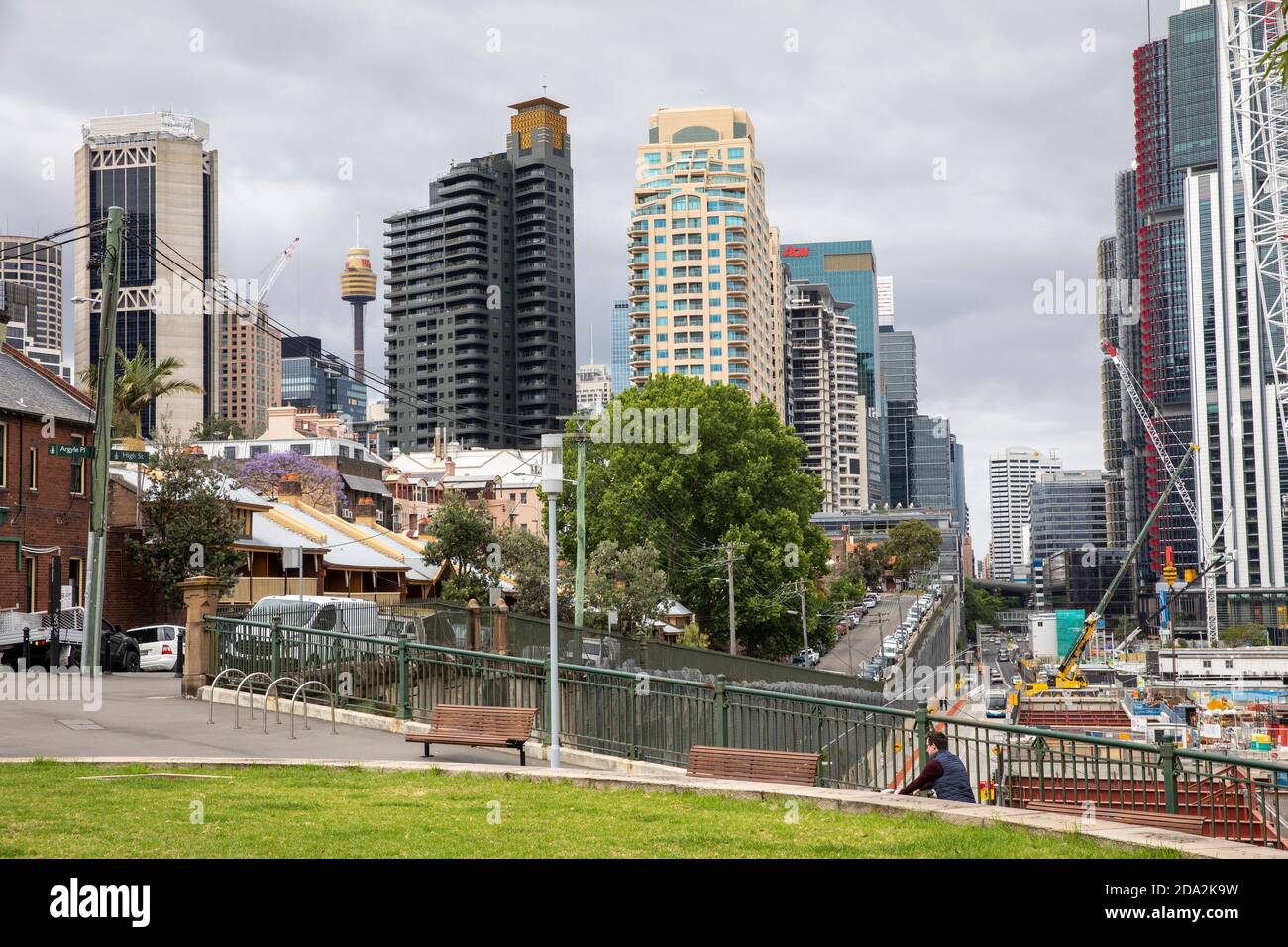 L'area Rocks di Sydney e gli alti edifici in Centro di Sydney, NSW, Australia Foto Stock