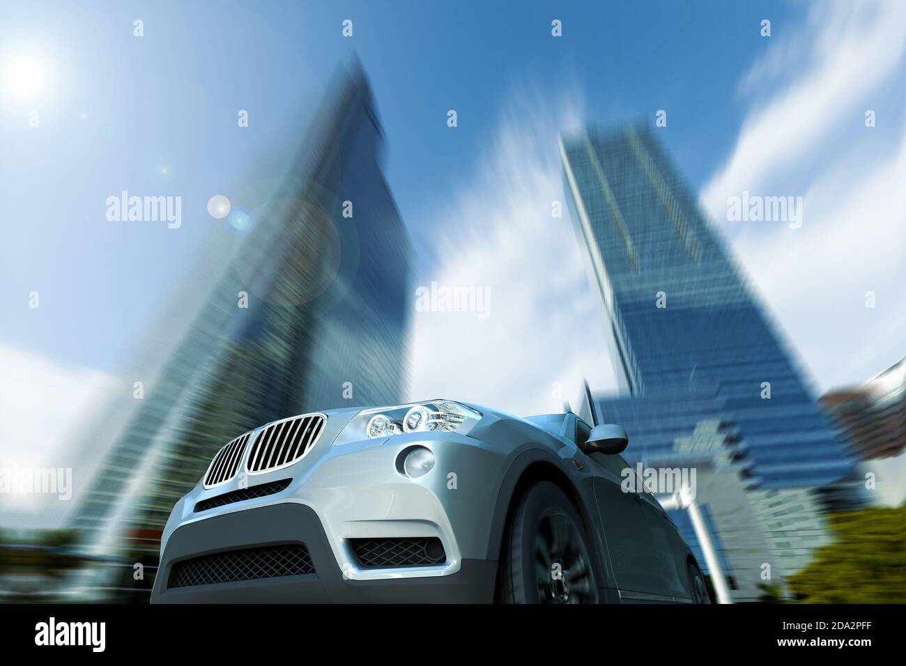 Rendering 3D di una vettura sportiva che accelera di fronte a uno skyline. Foto Stock