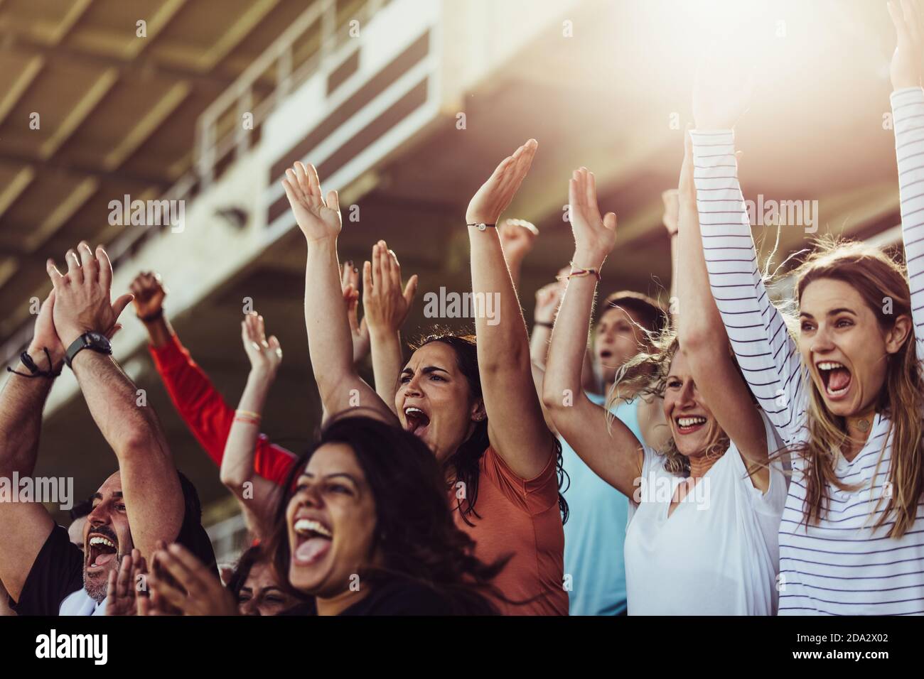 I tifosi di calcio celebrano la vittoria della squadra. Le persone che guardano lo sport si levano in piedi e si aggrappano. Foto Stock