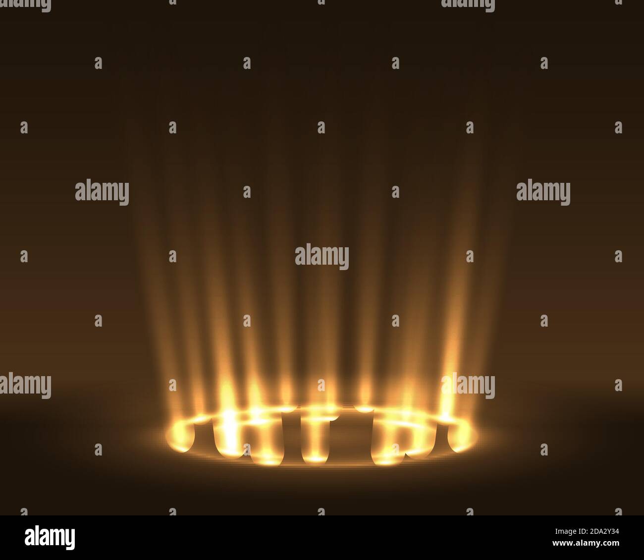 Bagliore rotondo raggi dorati scena notturna su sfondo trasparente. Podio vuoto con effetto luce. Pista da ballo discoteca. Mostra lampada per feste. Fase del fascio Illustrazione Vettoriale