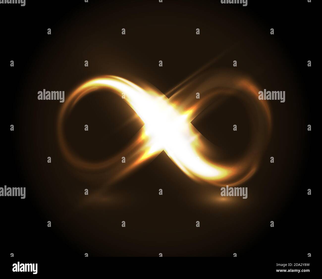 Simbolo dell'infinito di bagliore dorato. Segnale al neon linea luminosa uniforme isolata su sfondo scuro. Immagine effetto speciale luce vettoriale. Illustrazione Vettoriale