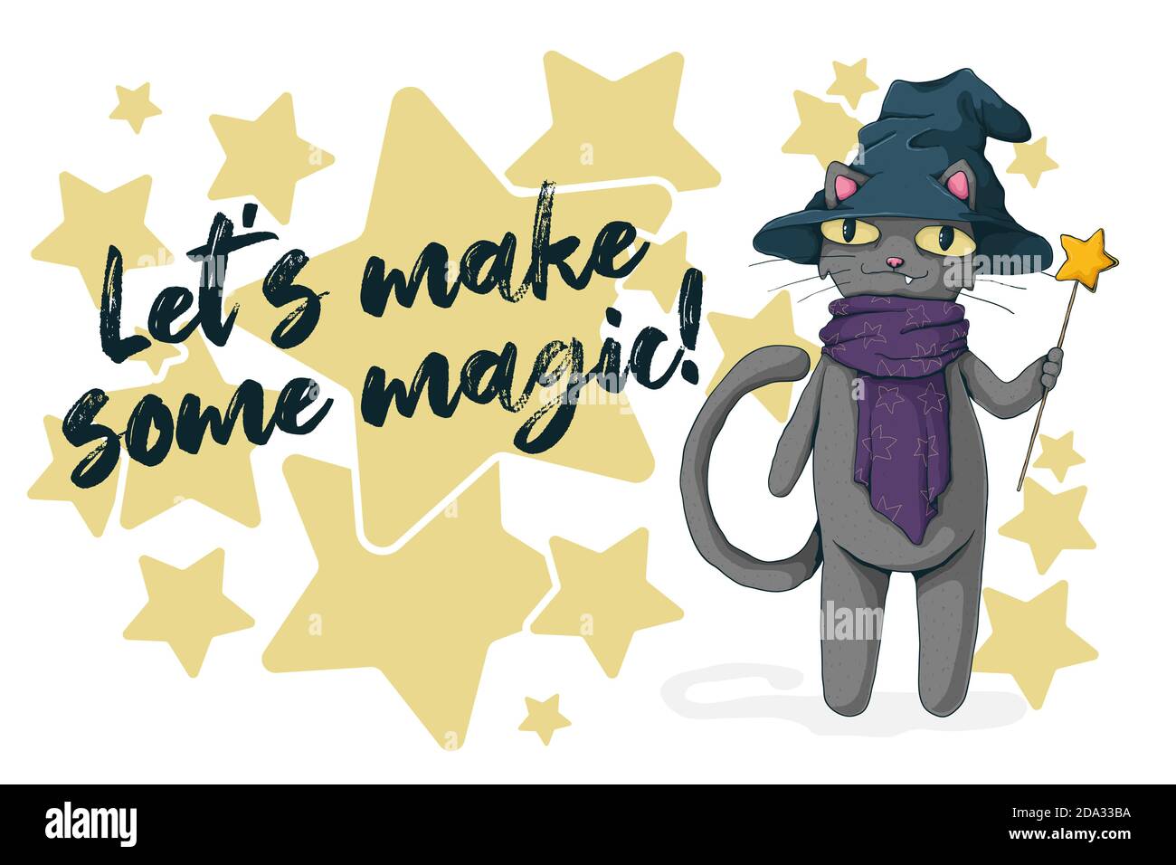 Gatto nero con cappello di strega e bacchetta magica. Testo facciamo qualche magia. Concetto di carta di Halloween. Illustrazione di cartoni animati vettoriali. Ideale per stampa, tessile e. Illustrazione Vettoriale