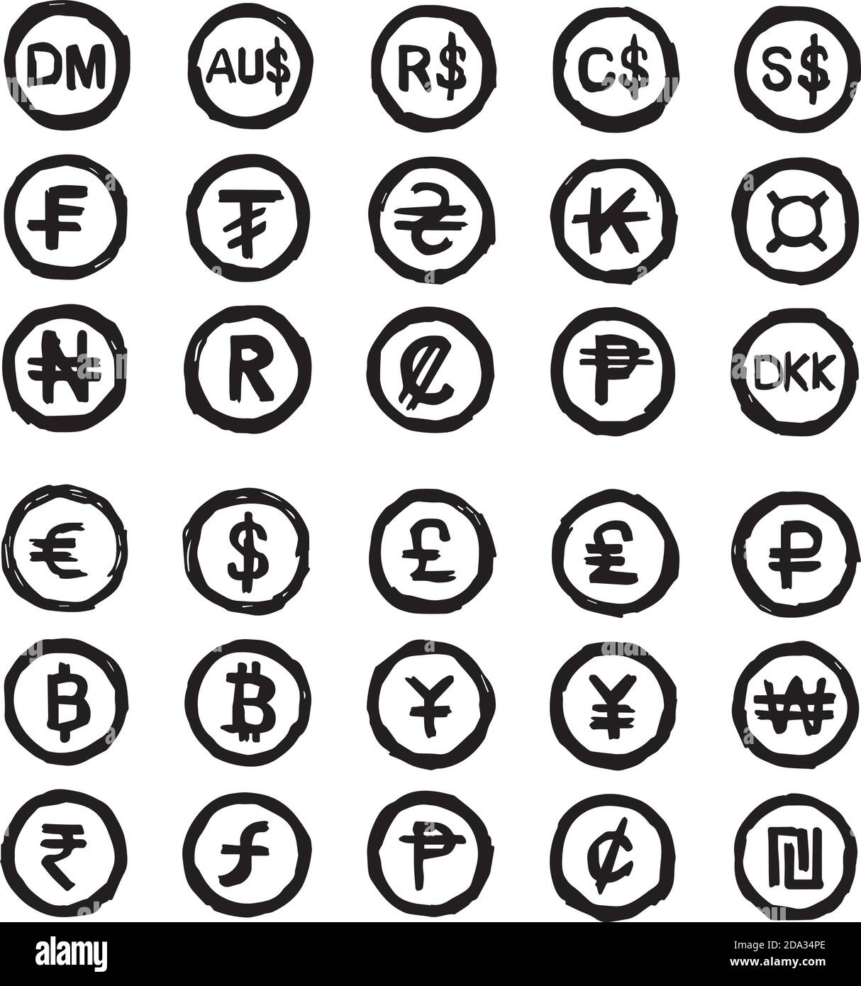 illustrazione vettoriale doodles disegnati a mano simboli di valuta internazionale isolati su sfondo bianco Illustrazione Vettoriale