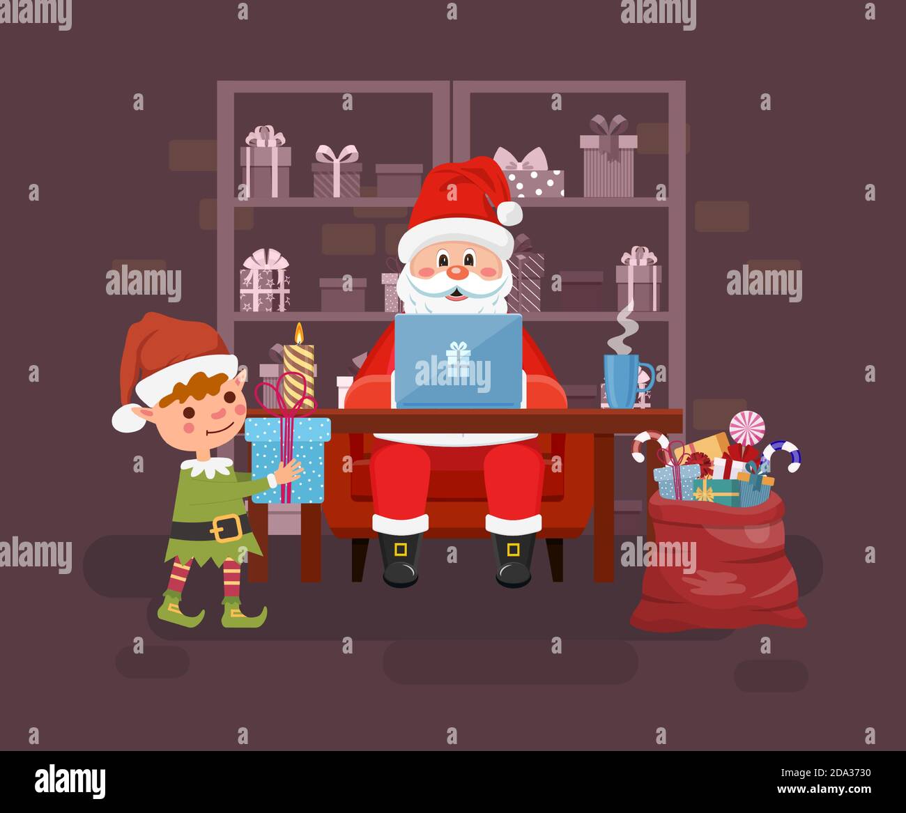 Spazio lavoro Santa con laptop Illustrazione Vettoriale