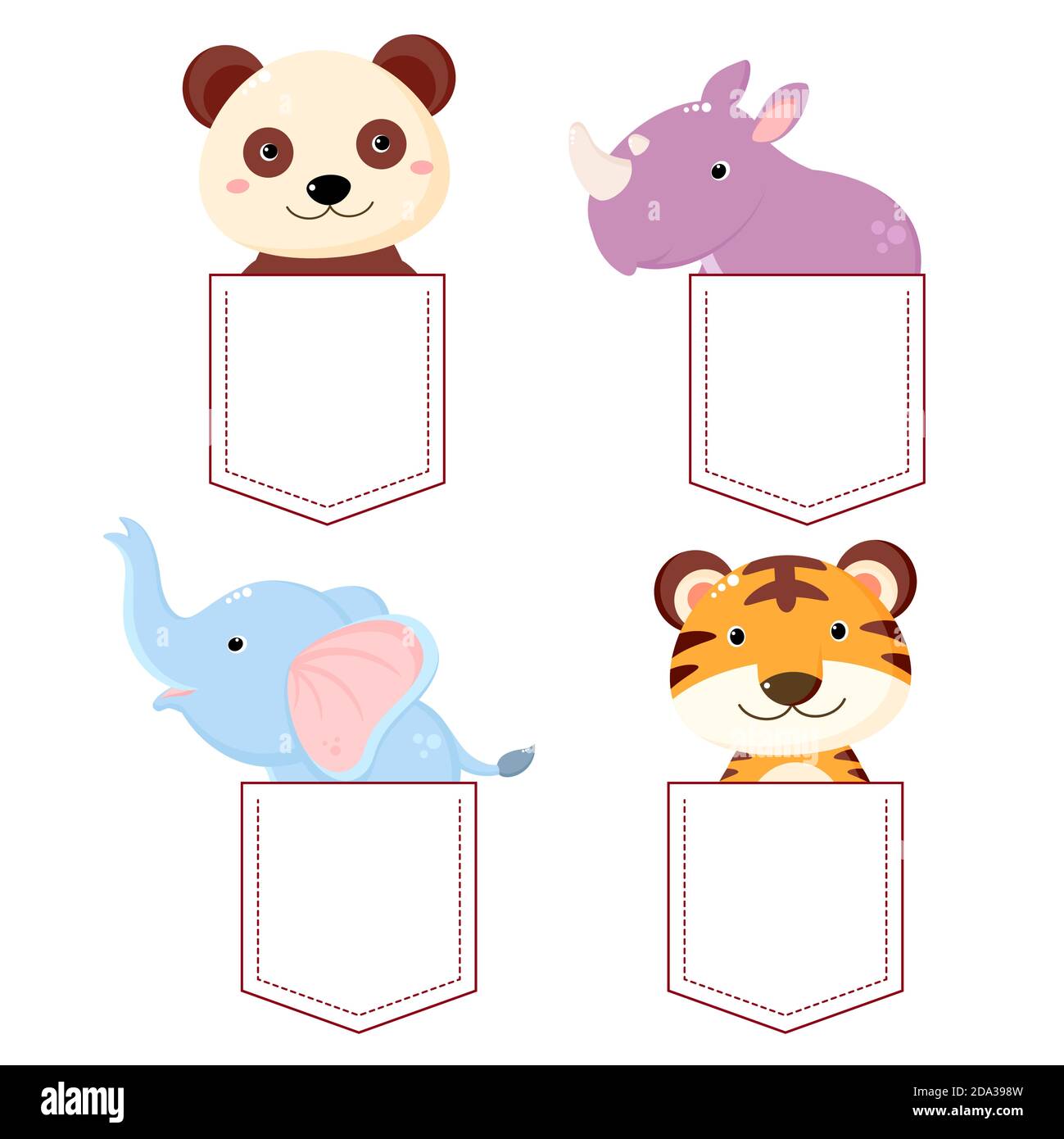Carino cartoon personaggi Pocket Set. Raccolta di animali kawaii in tasche. Stampa infantile con tigre, panda, rinoceronte ed elefante per t-shirt. T- Illustrazione Vettoriale