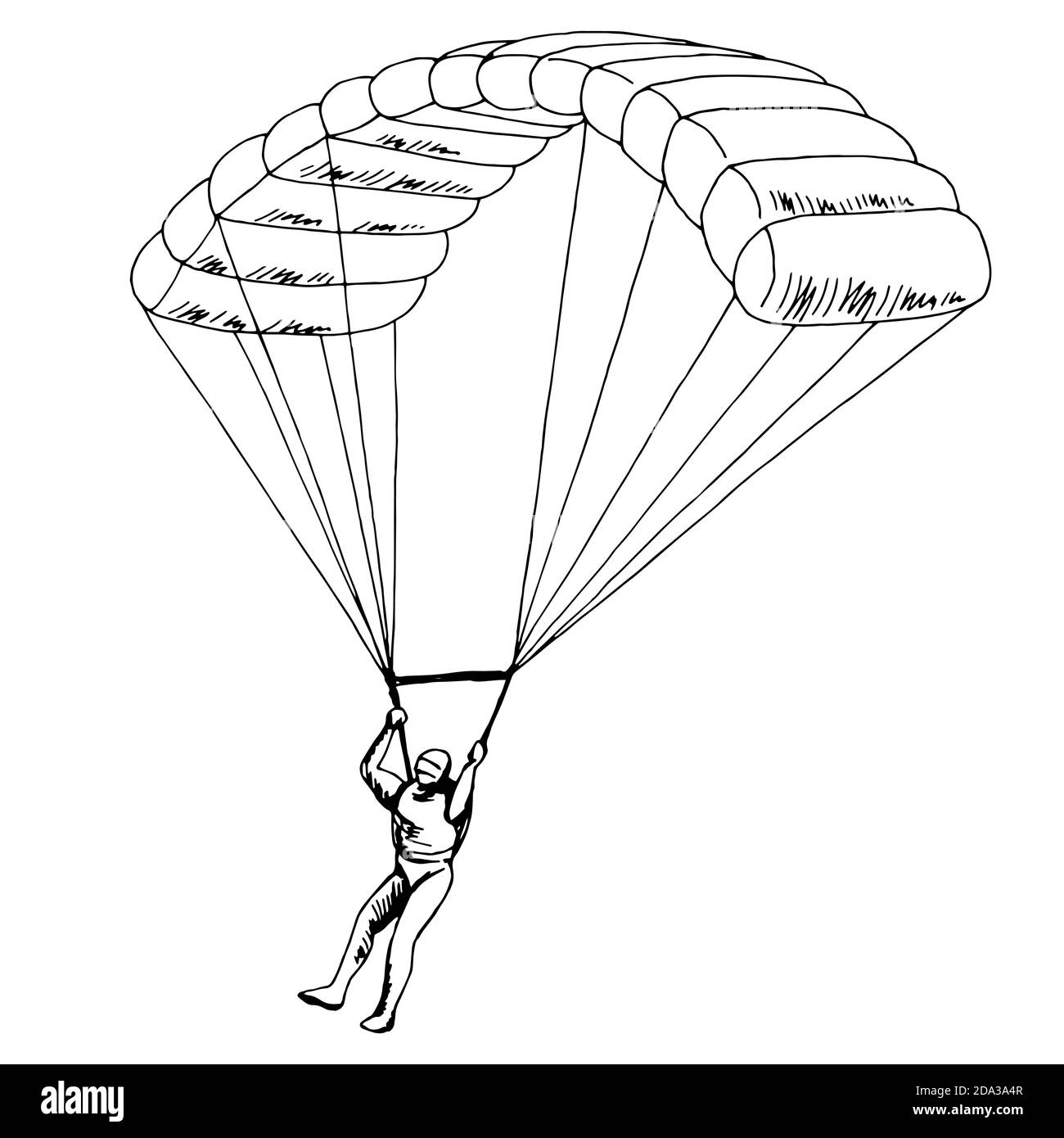 Uomo che salta con un paracadute isolato grafico bianco nero schizzo vettore di illustrazione Illustrazione Vettoriale