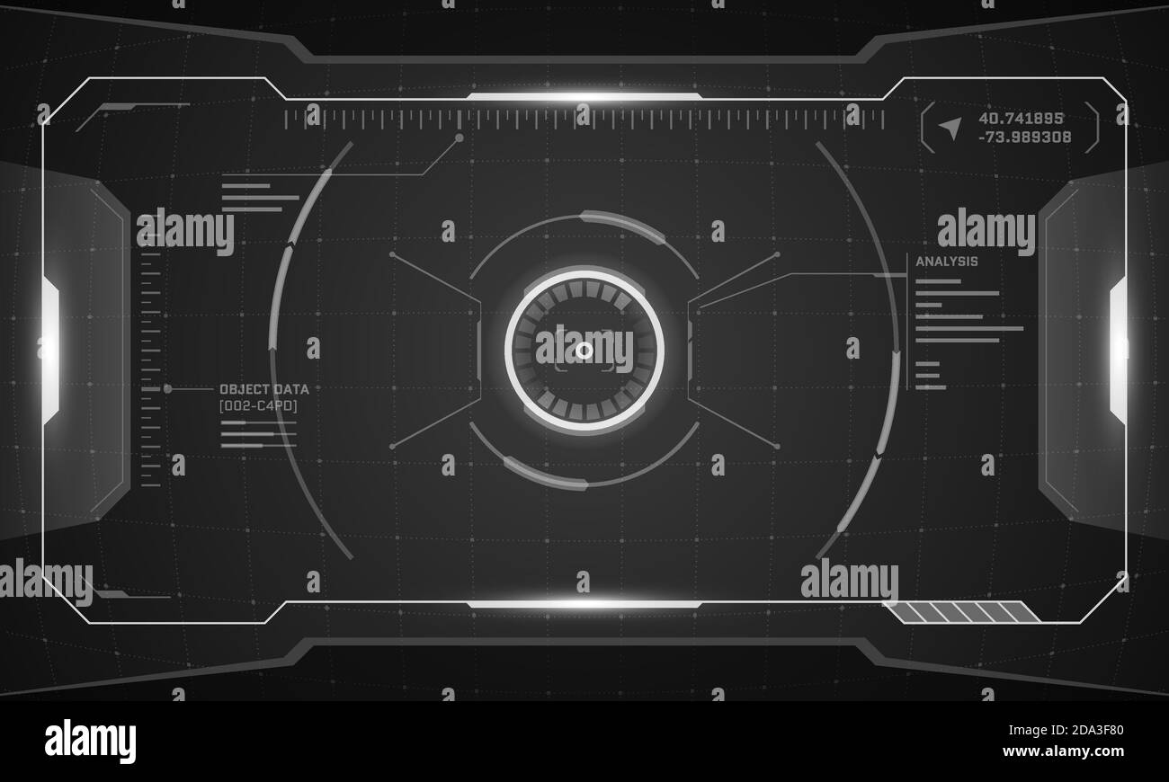 Interfaccia futuristica digitale VR HUD progettazione di schermi cyberpunk. Tecnologia di realtà virtuale sci-fi visualizzazione head-up display. Grafica digitale GUI pannello cruscotto vettoriale immagine in bianco e nero Illustrazione Vettoriale