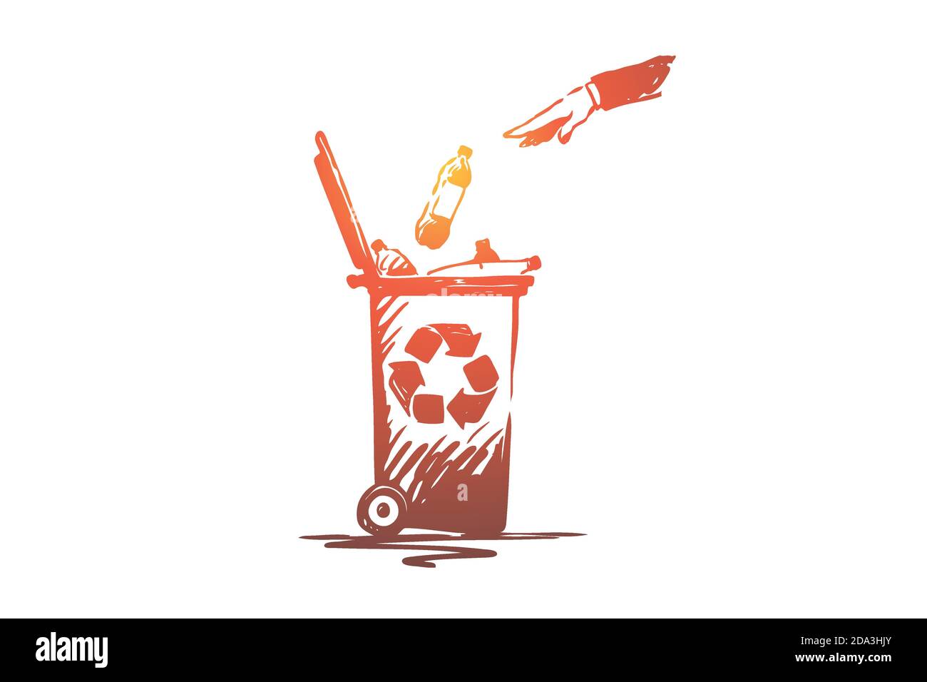 Gettare a mano la bottiglia di plastica nel contenitore dei rifiuti, nel cassonetto, nella cura ecologica, ridurre l'inquinamento Illustrazione Vettoriale