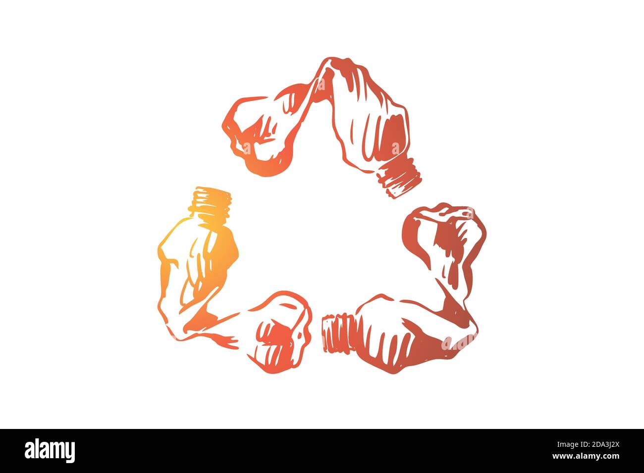 Bottiglie vuote in plastica a forma di simbolo di riciclo, protezione dell'ambiente, prevenzione dell'inquinamento, conservazione della natura Illustrazione Vettoriale