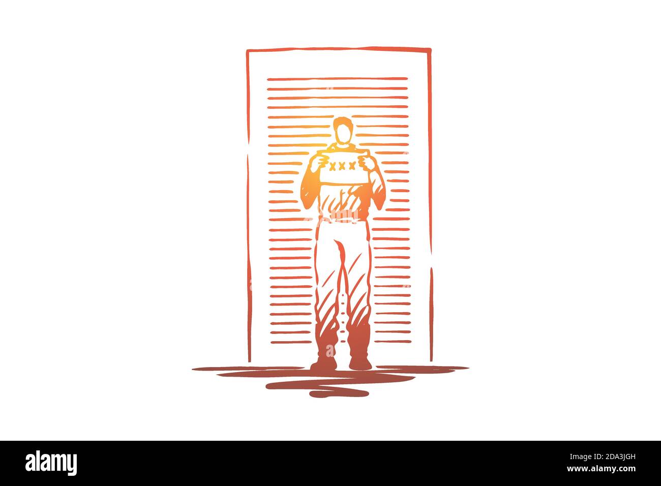 Prigioniero mugshot, uomo arrestato con un cartello di identificazione, condannato senza volto, fuorilegge in piedi a muro Illustrazione Vettoriale