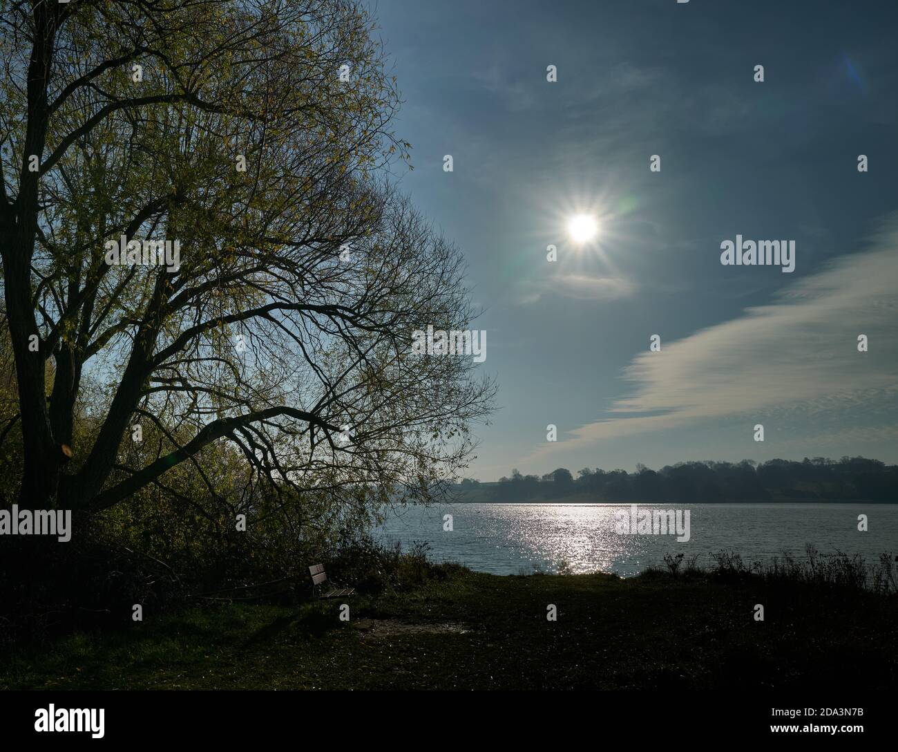 Sole mattutino su un lago in autunno. Foto Stock