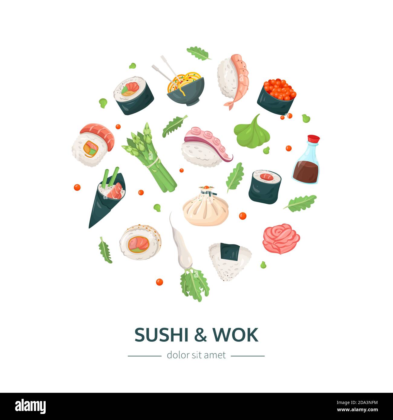 Sushi e wok - banner colorato stile piatto Illustrazione Vettoriale