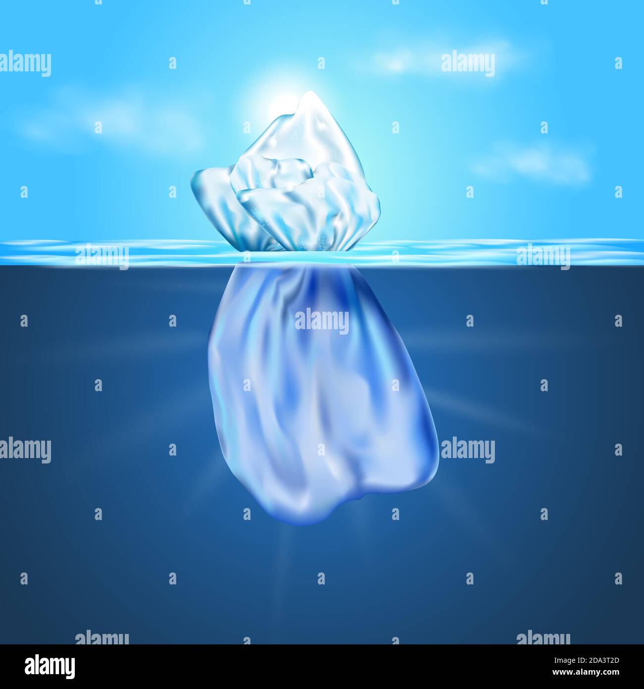 Iceberg galleggia tra i galleggianti di ghiaccio nel mare blu dell'Antartide. Illustrazione Vettoriale