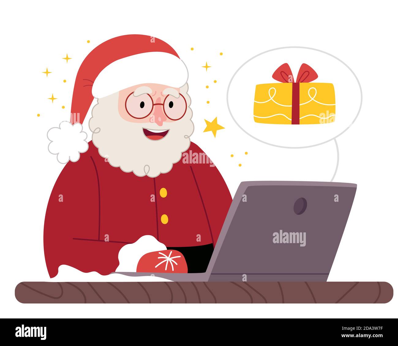 Santa è alla ricerca di regali sul sito internet.Ecommerce xmas Time Holiday vendita shopping online concept.Illustrazione per bambini Book.Simple il Illustrazione Vettoriale