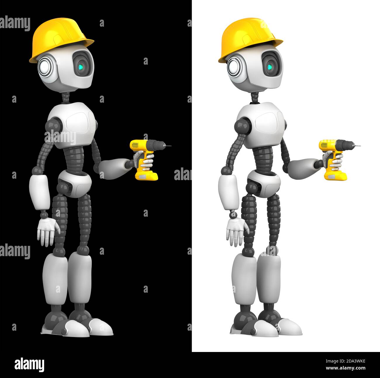 Un costruttore di robot umanoidi in un casco da costruzione e un trapano in mano. Isolato su sfondo bianco e nero.concetto futuro con robotica e ar Foto Stock