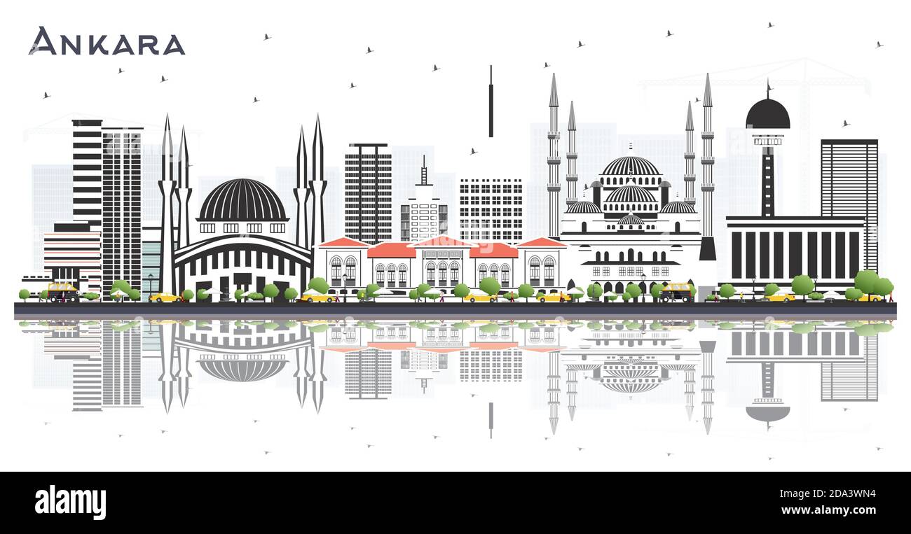 Ankara Turchia City Skyline con edifici a colori e riflessi isolati su bianco. Illustrazione vettoriale. Il paesaggio urbano di Ankara con i punti di riferimento. Illustrazione Vettoriale