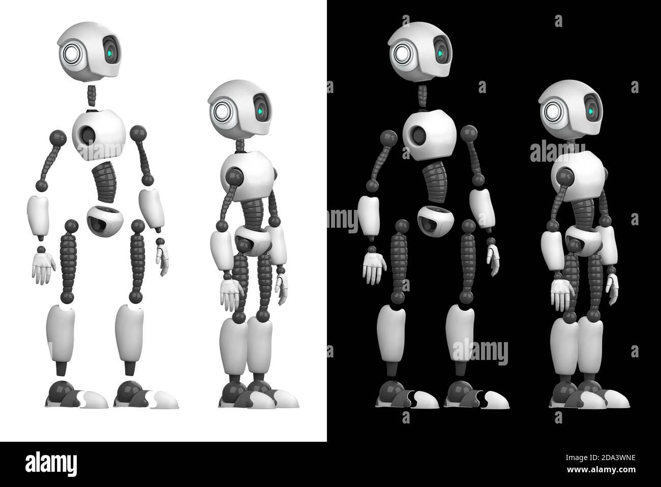 Un robot umanoide isolato su sfondo bianco e nero. Il robot è diviso in parti componenti per l'assemblaggio. Rendering 3D Foto Stock