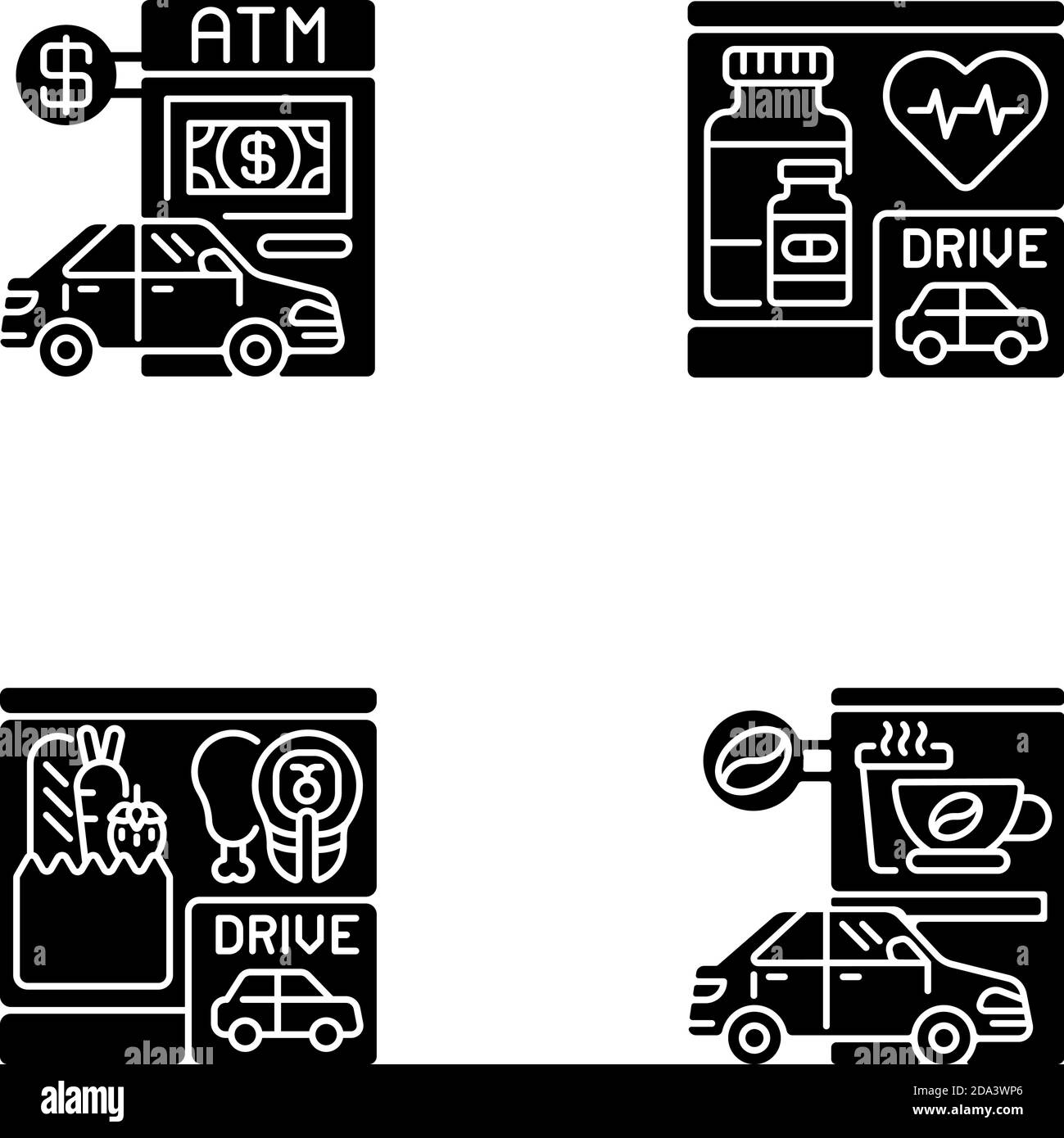 Auto in auto in glifo nero icone set su bianco spazio Illustrazione Vettoriale