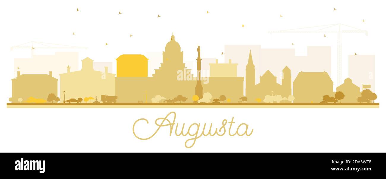 Augusta Maine City Skyline Silhouette con edifici dorati isolati su bianco. Illustrazione vettoriale. Illustrazione Vettoriale