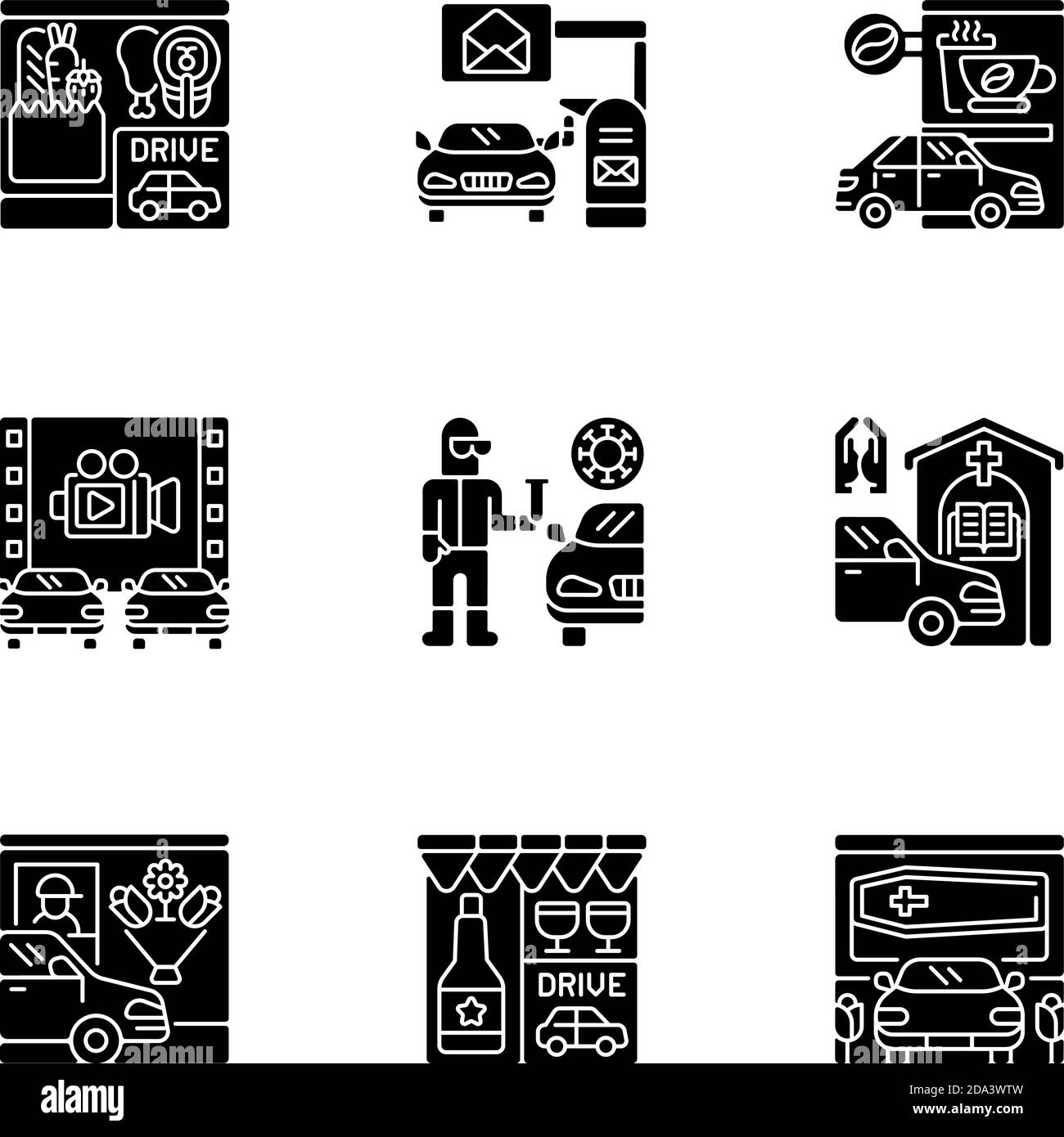 Drive in Services glyph icone nere impostate su spazio vuoto Illustrazione Vettoriale