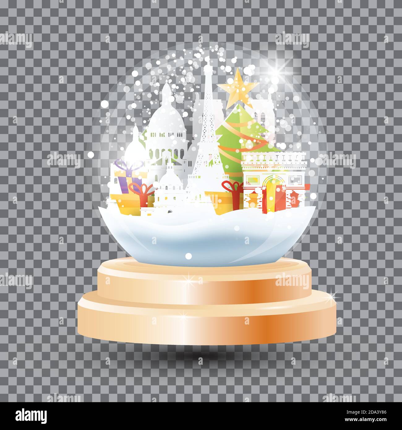 Magic Christmas Crystal Ball con monumenti storici di Parigi, scatole regalo e l'albero dell'Abete. Illustrazione vettoriale. Palla da neve in vetro souvenir su griglia trasparente. Singolo Illustrazione Vettoriale