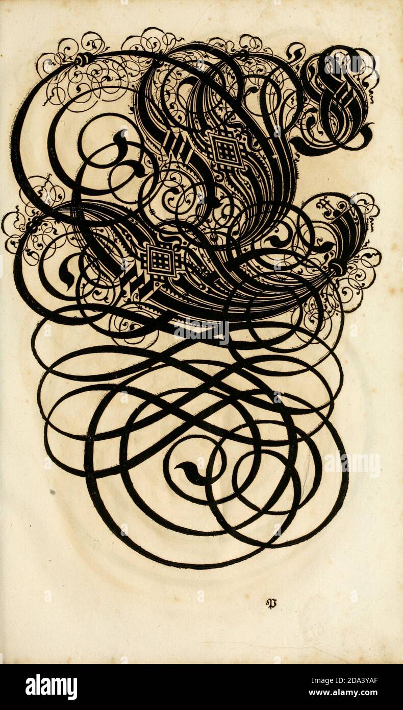 Lettera e ornamenti da 1655, Calligraphy, disegno, inchiostro, pennello, scrittura Foto Stock