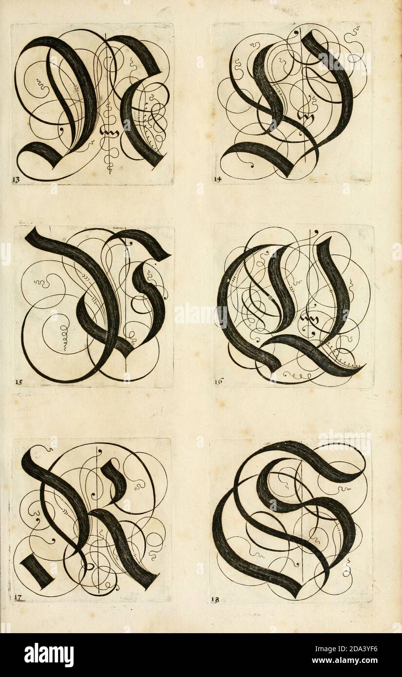 Lettera e ornamenti da 1655, Calligraphy, disegno, inchiostro, pennello, scrittura Foto Stock