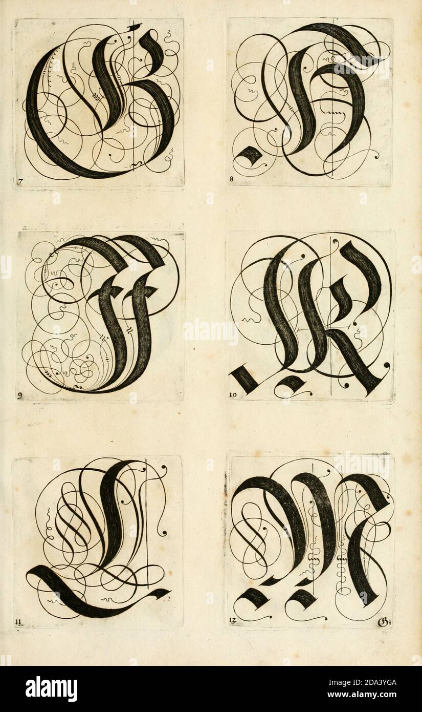 Lettera e ornamenti da 1655, Calligraphy, disegno, inchiostro, pennello, scrittura Foto Stock