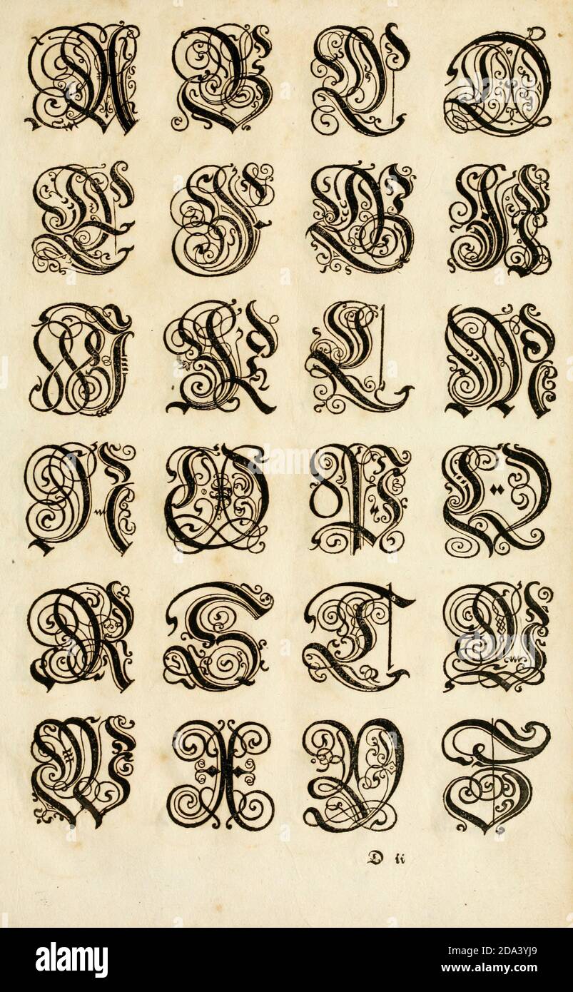 Lettera e ornamenti da 1655, Calligraphy, disegno, inchiostro, pennello, scrittura Foto Stock