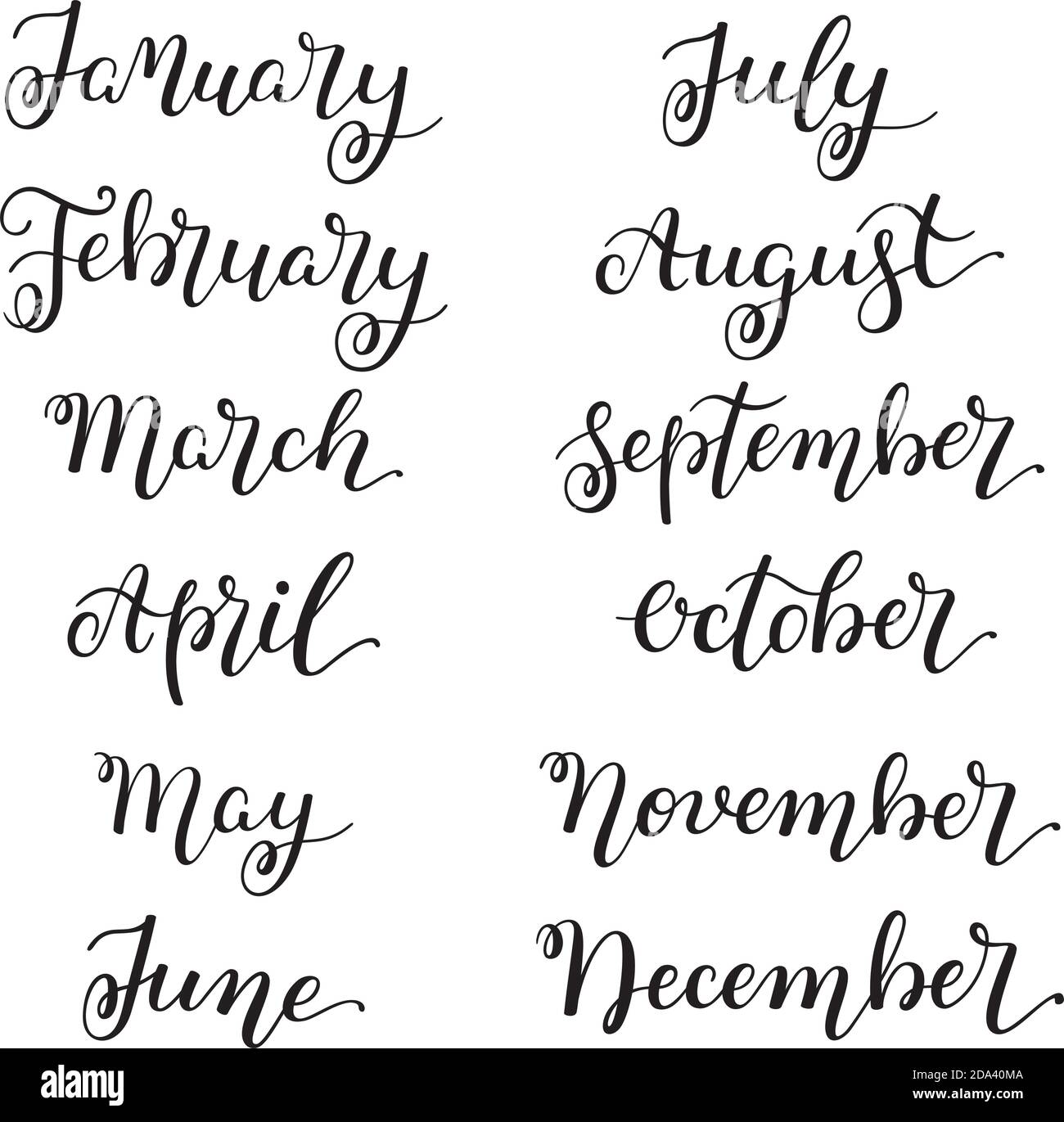 Impostare il mese dell'anno. Lettere a mano per i calendari. Illustrazione Vettoriale
